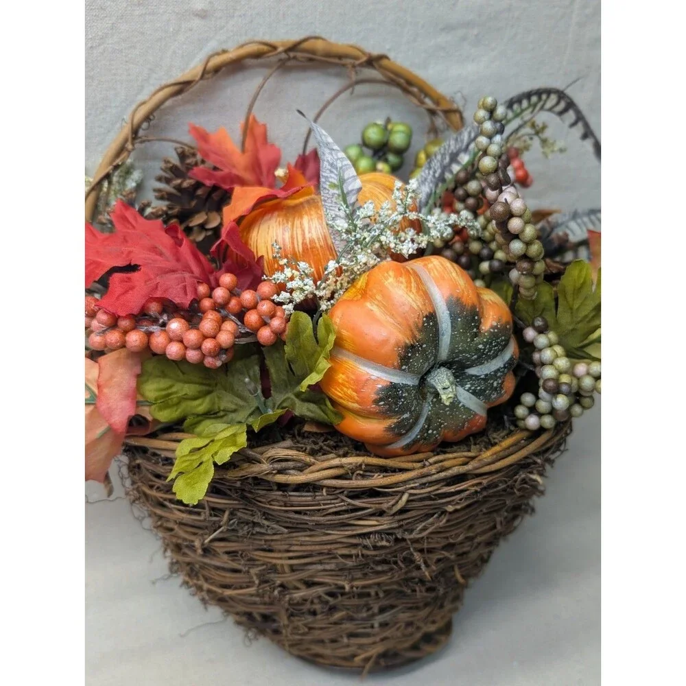 Nearly Natural Faux Pumpkin & Berry Hanging Basket 14